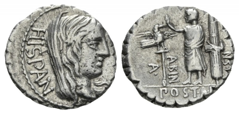 A. Postumius Albinus. Denarius serratus 81, AR 19mm., 3.81g. HISPAN Veiled head ...