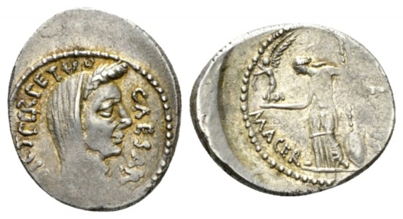 Julius Caesar and P. Sepullius Macer. Denarius February 44, AR 18mm., 3.91g. Den...