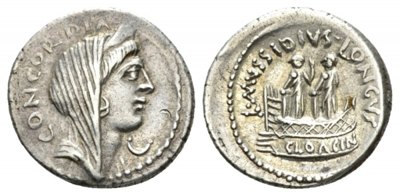 L. Mussidius Longus. Denarius circa 42, AR 18.5mm., 3.97g. CONCORDIA Diademed an...