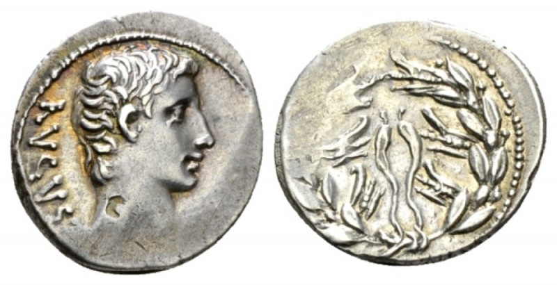 Octavian as Augustus, 27 BC – 14 AD North Peloponnesian mint 21 BC, AR 18mm., 3....