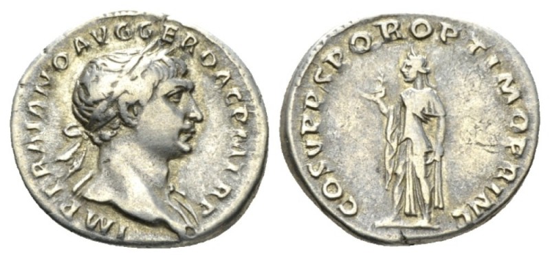 Trajan, 98-117 Denarius 103-111, AR 19mm., 3.64g. Laureate bust r., slight drape...