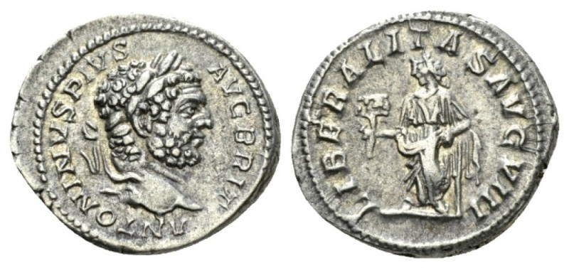 Caracalla, 198-217 Denarius 215, AR 20mm., 3.43g. ANTONINVS PIVS AVG BRIT Laurea...