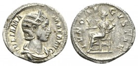 Julia Mamaea, mother of Severus Alexander Denarius 231, AR 20mm., 2.78g. Diademed and draped bust r. Rev. Juno seated l., holding flower and infant. R...