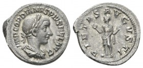 Gordian III, 238-244 Denarius 241, AR 21mm., 3.36g. IMP GORDIANVS PIVS FEL AVG Laureate, draped and cuirassed bust r. Rev. PIETAS AVGVSTI Pietas stand...