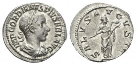 Gordian III, 238-244 Denarius 241, AR 20mm., 3.04g. IMP GORDIANVS PIVS FEL AVG, laureate, draped and cuirassed bust r. Rev. SALVS AVGVSTI Salus standi...