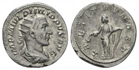 Philip I, 244-249 Antoninianus 244-247, AR 21.5mm., 5.05g. IMP M IVL PHILIPPVS AVG Radiate bust r. Rev. LAETIT FVNDAT Laetitia standing l., holding pa...