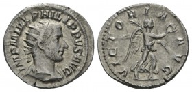 Philip I, 244-249 Antoninianus 244-247, AR 23.5mm., 3.34g. IMP M IVL PHILIPPVS Radiate, draped and cuirassed bust r. Rev. AVG VICTORIA AVG Victory adv...