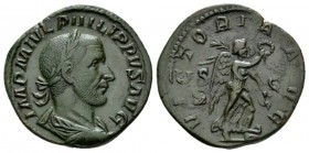 Philip I, 244-249 Sestertius 244-249, Æ 30mm., 19.56g. IMP M IVL PHILIPPVS AVG Laureate, draped and cuirassed bust r. Rev. VICTORIA - AVG, Victory adv...