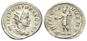 Philip II as Caesar, Antonianianus 245-246, AR 23.5mm., 3.98g. Radiate and draped bust r. Rev. Philip II standing l., holding globe and spear. RIC 218...