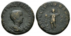 Saloninus, 259 As 257-258, Æ 23mm., 10.05g. Bare-headed and draped bust r. Rev. PRINCIPI IVVENTVTIS Prince standing l, holding globe and sceptre; at f...