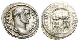 Diocletian, 284-305 Argenteus 294, AR 18.5mm., 3.31g. DIOCLETI – ANVS AVG Laureate head r. Rev. VICTORI – A SARMAT Six-turreted campgate with the four...