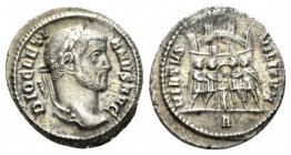 Diocletian, 284-305 Argenteus Rome 295-297, AR 18mm., 2.94g. DIOCLETI – ANVS AVG Laureate head r. Rev. VIRTVS – MILITVM The four tetrarchs sacrificing...