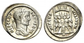 Diocletian, 284-305 Argenteus Rome 295-297, AR 20.5mm., 2.94g. DIOCLETI – ANVS AVG Laureate head r. Rev. VIRTVS – MILITVM The four tetrarchs sacrifici...