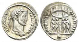 Diocletian, 284-305 Argenteus Rome 295-297, AR 18mm., 3.24g. DIOCLETI – ANVS AVG Laureate head r. Rev. VIRTVS – MILITVM The four tetrarchs sacrificing...