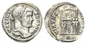 Maximianus Herculius, first reign 286-305 Argenteus Rome 295-297, AR 19mm., 3.24g. MAXIMIA – NVS AVG Laureate bust r. Rev. VIRTVS – MILITVM The four t...