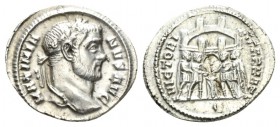 Maximianus Herculius, first reign 286-305 Argenteus Rome circa 295-297, AR 19.5mm., 3.18g. MAXIANVS AVG Laureate head r. Rev. VICTORIA SARMAT Four tet...