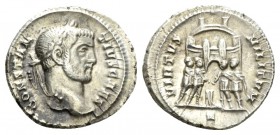 Constantius Chlorus caesar, 293 – 305 Argenteus Rome 295-297, AR 19mm., 2.87g. CONSTAN – TIVS CAES Laureate head r. Rev. VIRTVS – MILI[TVM] The four p...