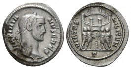 Galerius Maximianus caesar 293 – 305 Argenteus Rome 295-297, AR 19mm., 3.21g. MAXIMIANVS CAES Laureate head r. Rev. VIRTVS MILITVM Turreted camp gate ...