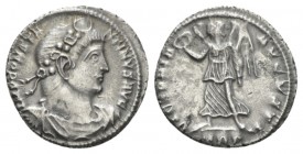 Constantine II, 337-340 Siliqua Treveri 337-340, AR 18mm., 2.73g. IMP CONSTA – NTINVS AVG Rosette-diademed, draped and cuirassed bust r. Rev. VICTORIA...