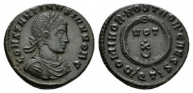 Constantine II Caesar, 316-337 Follis Ticinum 322-325, Æ 18mm., 2.61g. CONSTANTINVS IVN NOB C Laureate, draped and cuirassed bust r. Rev. DOMINOR NOST...
