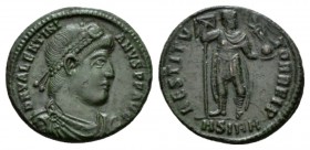 Valentinian I, 364-375 Æ3 Sirmium 364, Æ 19.5mm., 3.11g. D N VALENTINI-ANVS P F AVG Diademed, draped and cuirassed bust r. Rev. RESTITVTOR REIP Empero...