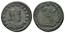 Honorius, 393-423 Æ2 Constantinople 393-395, Æ 21.5mm., 5.24g. D N HONORIVS P F AVG Diademed, draped bust r. Rev. GLORIA - ROMANORVM Honorius standing...