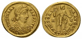 Honorius, 393-423 Solidus Ravenna 402-406, AV 21.5mm., 4.40g. Diademed, draped and cuirassed bust r. Rev. Honorius standing facing, holding standard a...