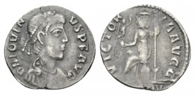 Jovinus, 411-413 Siliqua Lugdunum Ludunum, AR 11.5mm., 1.44g. D N IOVIN VS P F AVC Pearl-diademed, draped, and cuirassed bust r. Rev. VICTORIA AVGG Ro...