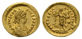 Theodosius II, 402-450 Tremissis Constantinopolis circa 402-450, AV 13.5mm., 1.22g. D N THEODO – SIVS P F AVG Pearl-diademed, draped and cuirassed bus...