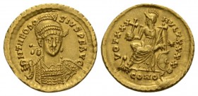 Theodosius II, 402-450 Solidus Constantinople 430-440, AV 20.5mm., 4.48g. Pearl-diademed, helmeted, and cuirassed bust facing slightly r., holding spe...