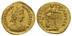 Valentinian III, 425-455 Solidus Ravenna 440-445, AV 20.5mm., 4.40g. D N VALENTINIANVS P F AVG Rosette-diademed, draped, and cuirassed bust r. Rev. VI...