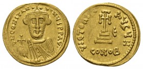 Constans II 641 – 668, with colleagues from 654 Solidus 647, AV 20.5mm., 4.44g. d N CONStAN – tINYS PP AV Facing bust, with close beard, wearing crown...