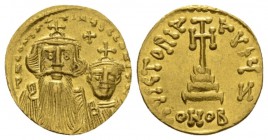 Heraclius, 610 – 641, and associate rulers Solidus 654-659, AV 19.5mm., 4.47g. dN CONSTAN – TINYS CCONSTA Facing busts of Constans on l. and Constanti...