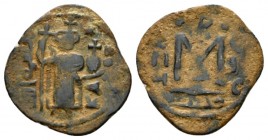 Temp. Mu' awiya I Ibn Abi Sufyan, circa 661-680 Fals circa 680, Æ 23mm., 3.63g. Standing Emperor. Rev. Monogram. Walker type 30.

Very Fine.

 
...