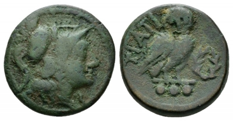 Apulia, Teati Tereuncius circa 225-200, Æ 22.5mm., 9.10g. Helmeted head of Athen...