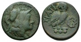 Apulia, Teati Tereuncius circa 225-200, Æ 22.5mm., 9.10g. Helmeted head of Athena r. Rev. Owl standing facing; below, three pellets. In r. field, crow...