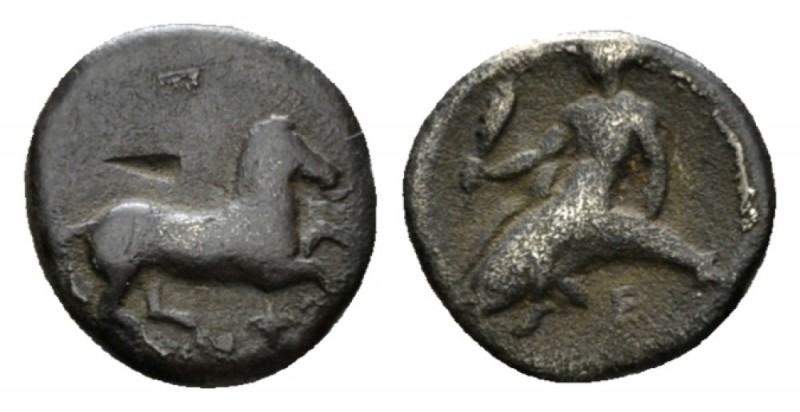 Calabria, Tarentum Diobol circa 380-325, AR 10.5mm., 1.10g. Horse prancing r. Re...