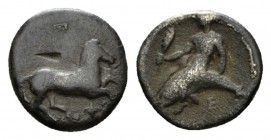 Calabria, Tarentum Diobol circa 380-325, AR 10.5mm., 1.10g. Horse prancing r. Rev. Phalanthos, holding distaff, on dolphin l.. Vlasto 1231. Historia N...