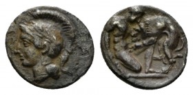 Calabria, Tarentum Diobol circa 325-280, AR 12mm., 1.04g. Head of Athena l., wearing crested Attic helmet. Rev. Herakles crouching r., holding club an...