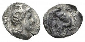 Lucania, Heraclea Diobol circa 433-330, AR 13mm., 1.07g. Head of Athena r., wearing Attic helmet decorated with Skylla. Rev. Herakles standing r., wre...