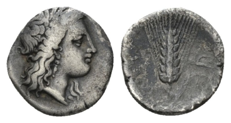 Lucania, Metapontum Triobol circa 325-275, AR 11.5mm., 1.15g. Diademed head of D...