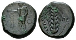 Lucania, Metapontum Obol circa 425-350, Æ 21mm., 8.49g. Hermes standing l., holding patera over thymiaterion in r. hand, caduceus in l. In r. field, E...