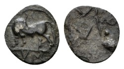 Lucania, Sybaris Obol circa 550-510, AR 9.50mm., 0.38g. Bull standing left, head right; in exergue, V M. Rev. Large M V; around, four pellets . SNG AN...