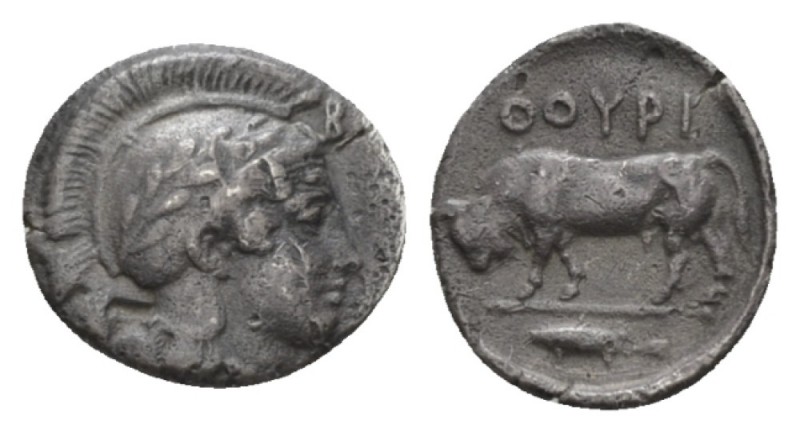 Lucania, Thurium Triobol circa 443-400, AR 12.5mm., 1.11g. Head of Athena r., we...