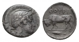 Lucania, Thurium Triobol circa 443-400, AR 12.5mm., 1.11g. Head of Athena r., wearing crested Attic helmet decorated with olive wreath. Rev. ΘΟΥΡΙ Bul...