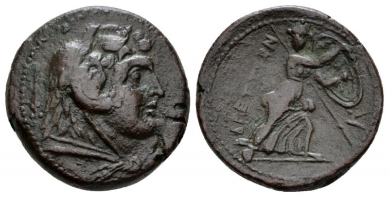 Bruttium, Brettii Double unit circa 211-208, Æ 26.5mm., 14.32g. Head of Hercules...