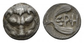 Bruttium, Rhegium Litra circa 420-410, AR 10mm., 0.75g. Lion's mask facing. Rev. ΡΗ Olive sprig, with two leaves and two berries. Herzfelder pl. VII, ...