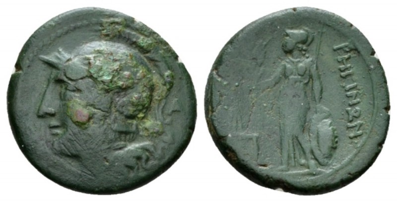 Bruttium, Rhegium Pentonkia circa 215-150, Æ 21.5mm., 5.26g. Head of Athena l., ...