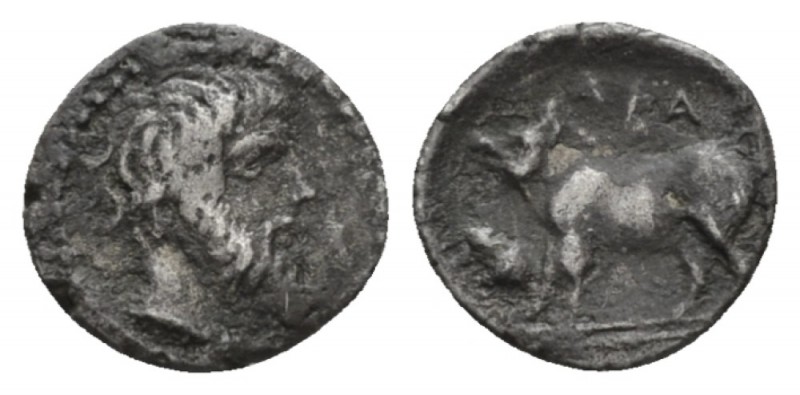 Sicily, Abacaenum Litra circa 430-420, AR 12.5mm., 0.84g. Bearded and laureate m...