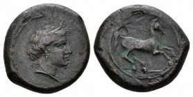 Sicily, Aitna Hexas circa 357-344, Æ 20mm., 7.87g. Head of Persephone r., wearing wreath of grain ears. Rev. Reined horse galloping right. Calciati 6....